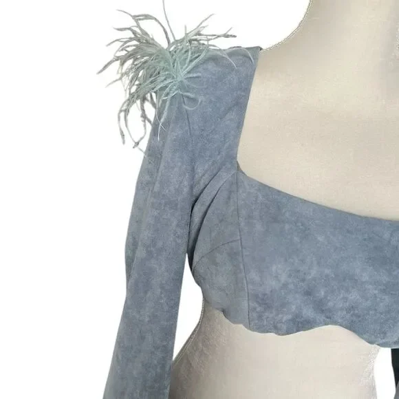 HANIFA Blue Faux Suede Cropped Top with Feathers Size Medium - Picture 5 of 5